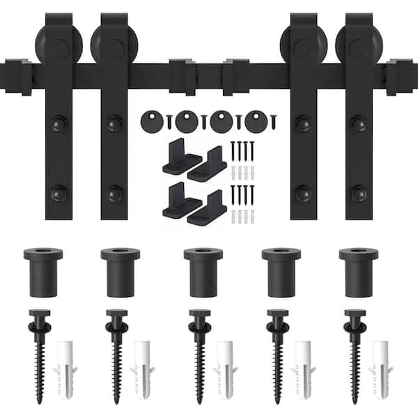 WINSOON 72 in. Frosted Black Sliding Barn Door Hardware Track Kit for Double Doors with Non-Routed Floor Guide