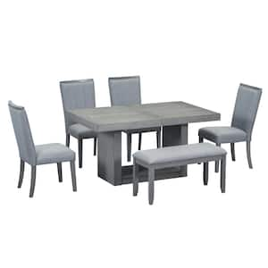 6-Piece Wood Outdoor Dining Set, Dining Table Set with 18 in. Removable Leaf and Gray Cushion for Dining Room, Kitchen