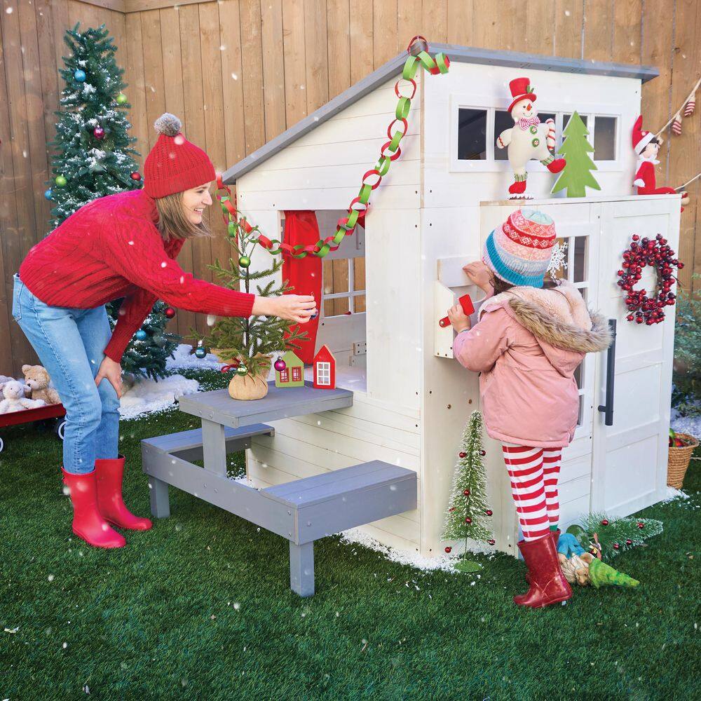 KidKraft White Wooden Outdoor Playhouse with Picnic Table and Grill