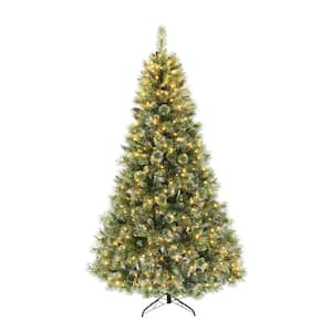 7.5 ft. Bristle Mixed Hinged Tree with Snow/Glitter/86 Frosted Pinecones/750 Clear LED Lights