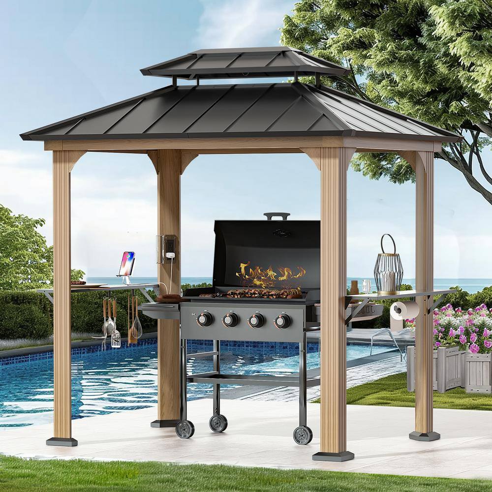 Lifesmart UIG10600004WTHDUltra Series 6 ft. x 8 ft. Brown Wood looking and  Aluminum Hard Top Grill Gazebo IG10600004WTHD - The Home Depot