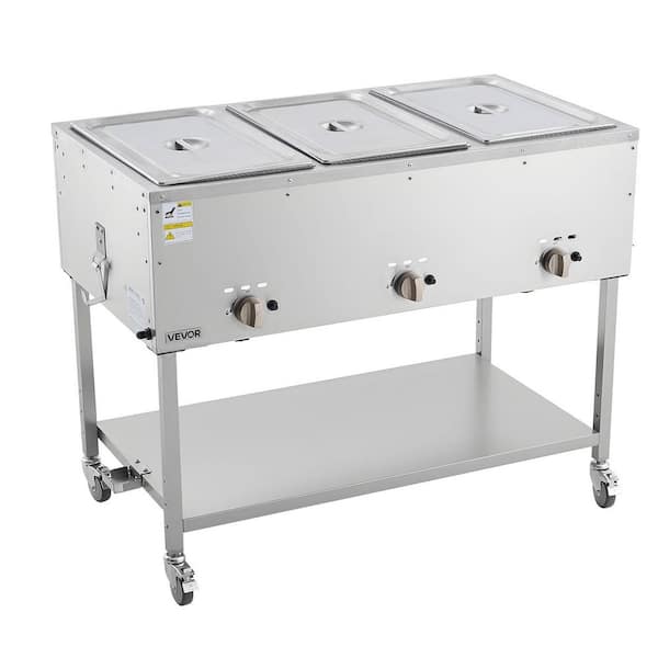 3-Pan Commercial Propane Steam Table, LP Gas Outdoor Soup Warmer with Drain Valve and 3 in. Wheels, Stainless Steel