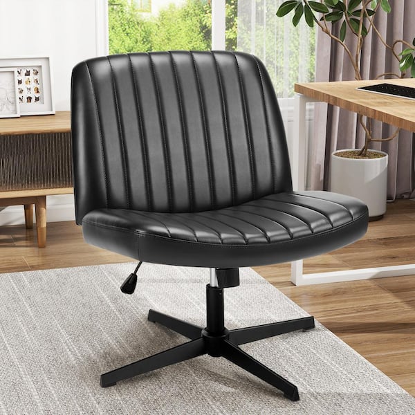 WONDER COMFORT Faux Leather Seat Adjustable Height Ergonomic Drafting Chair in Black with Armless, Criss Cross Legged and No Wheels