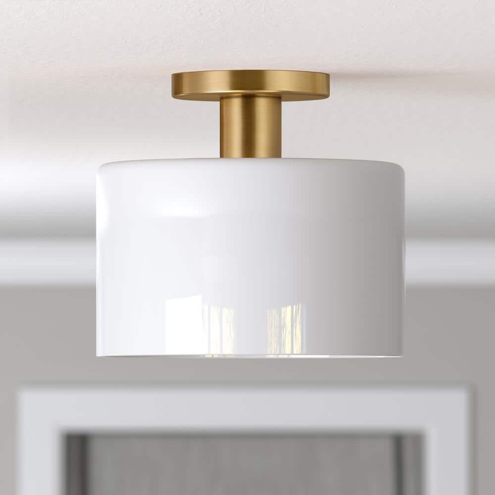 Henri 10" Brass Semi-Flush Mount with White Milk Glass Shade