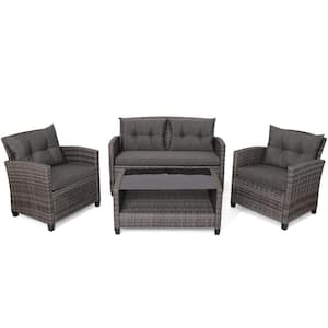 4-Piece Wicker Patio Conversation Set Rattan Sofa Furniture Set with Coffee Table and Gray Cushions