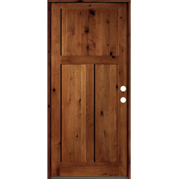 Krosswood Doors 42 in. x 96 in. Rustic Knotty Alder 3-Panel Left-Hand/Inswing Red Chestnut Stain Wood Prehung Front Door