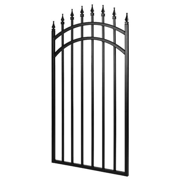 NUVO IRON 3.75 ft. x 4.67 ft. Tiger Eye Profile Black Metal Center Point Arched Top Fence Gate