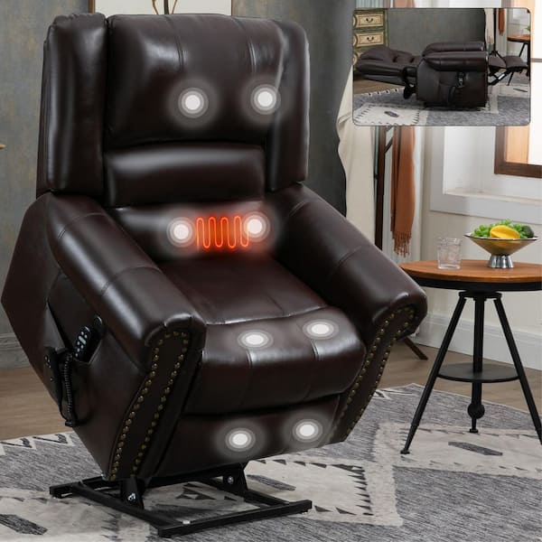 Brown Faux Leather Power Lift Recliner Media Chair Massage Heated Dual Motor Heavy Duty with USB Ports for Elderly