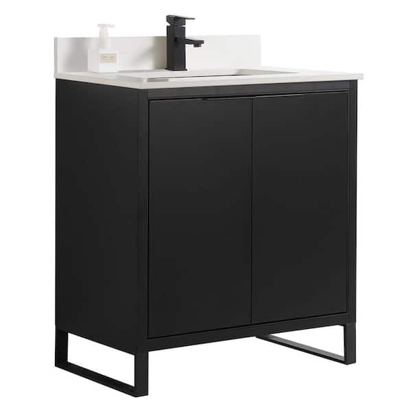 FINE FIXTURES Opulence 30 in. W x 18 in. D x 33.5 in. H Bath Vanity in Black Matte with White Single sink Top