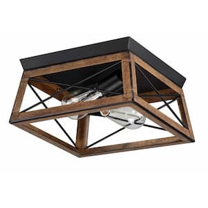 12 in. W. 2-Light Flush Mount with Matte Black and Barnwood Accents