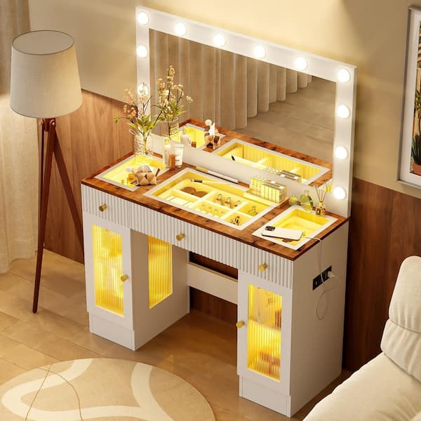 White 43.3 in. W Makeup Vanity with 3 Drawers and Hollywood Bulbs, Dresser with 3 Lighting Modes Mirror and RGB Cabinets