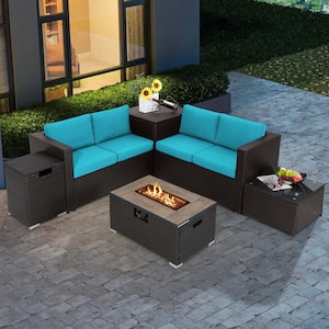 6-Pieces Wicker Patio Conversation Set 32 in. Fire Pit Table Tank Holder with Cover Turquoise Cushions