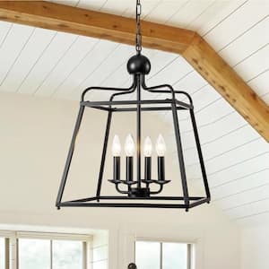 Elutheria 4-Light Black Modern Lantern Chandelier Vintage Farmhouse Geometric Cage Pendant Light with Candle Style