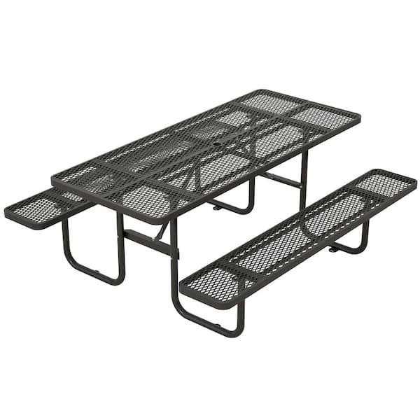 72.2 in. Black Rectangle Steel Picnic Table Seats 4-6 People with Umbrella Hole, Outdoor Patio Camping Dining Table