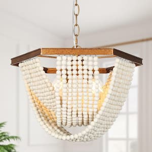 Farmhouse Antique Gold Pendant Light, 4-Light Bowl Dining Room Chandelier with White Wood Beads