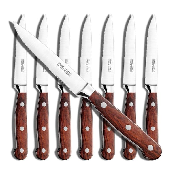 5 in. German Stainless Steel Full Tang Serrated Edge Steak Knife with Pakkawood Handle Set of 8