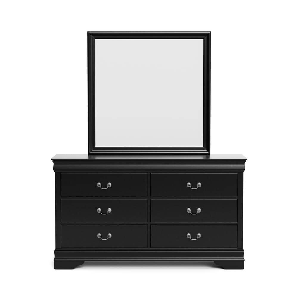 Black Solid Wood 6-Drawer Dresser with Mirror