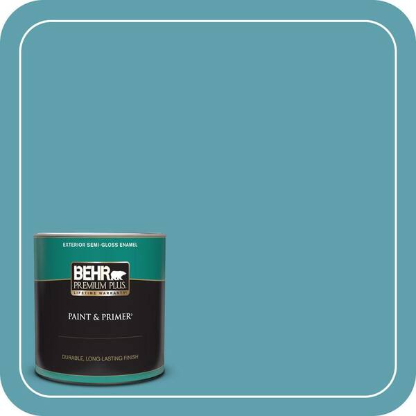 BEHR PREMIUM PLUS 1 qt. #BIC-53 Turquoise Semi-Gloss Enamel Exterior Paint & Primer