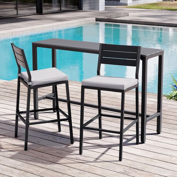 3-Piece Metal Outdoor Serving Bar Set Bar Table with WPC Top and 2 Bar Stool with Backrest and Cushions in Gray for Lawn