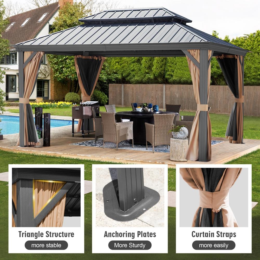 Gray 12x16ft Hardtop Gazebo with Nettings and Curtains
