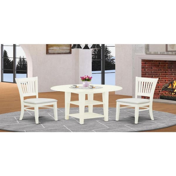 East West Furniture 3-Piece Linen White Finish Round Solid Wood Top With Dropleaf Dining Table Set