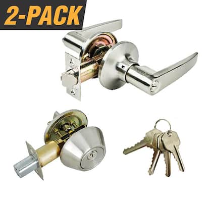 2PK Grip Tight Tools S.Steel Entry Door Knob Combo Lock Set w/Deadbolt-12 Keys