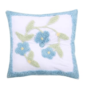 Bloomfield Collection Blue 100% Cotton Tufted Unique Luxurious Floral Design Square Pillow