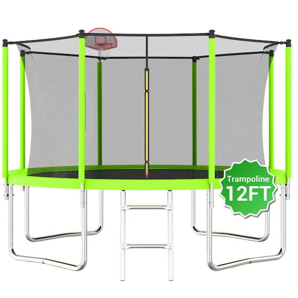 12 FT Large Trampoline with Enclosure and Basketball Hoop in Green