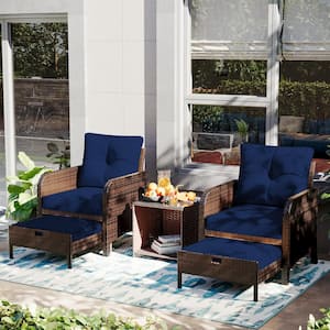 5-Piece Wicker Patio Conversation Set, Outdoor Chairs with Navy Blue Cushions, Coffee Table and Ottomans