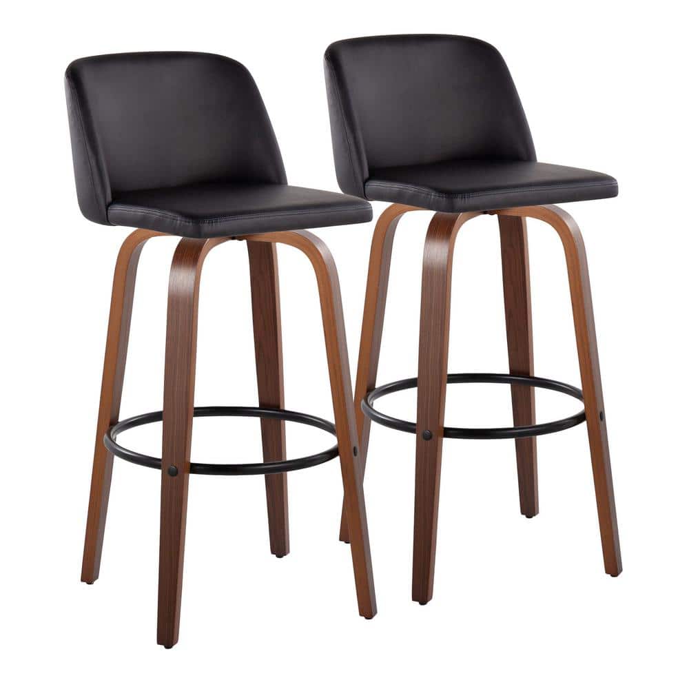 Toriano 29.5 in. Black Faux Leather, Walnut Wood and Black Metal Fixed-Height Bar Stool (Set of 2)