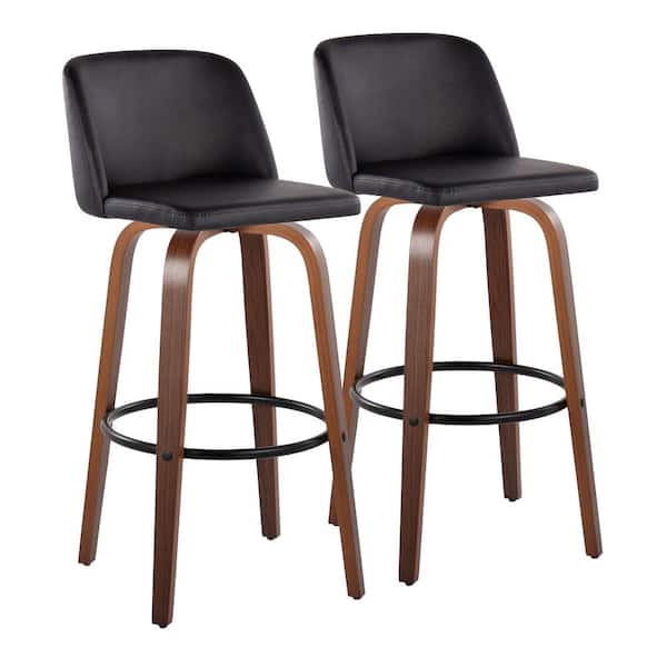 Lumisource Toriano 29.5 in. Black Faux Leather, Walnut Wood and Black Metal Fixed-Height Bar Stool (Set of 2)