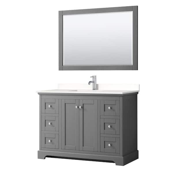 Wyndham Collection Avery 48 in. W x 22 in. D x 35 in. H Single Bath Vanity in Dark Gray with White Quartz Top and 46 in. Mirror
