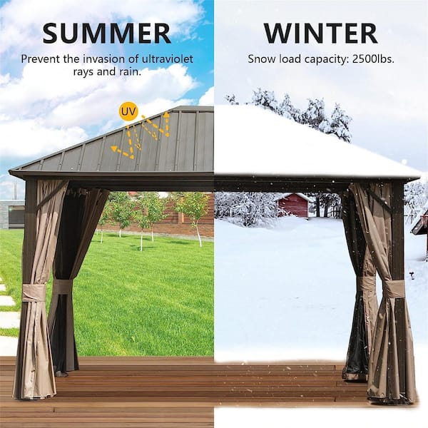 10 ft. x 12 ft. Bronze Brown Permanent Outdoor Galvanized Steel Roof Gazebo, Aluminum Frame, Netting and Curtains