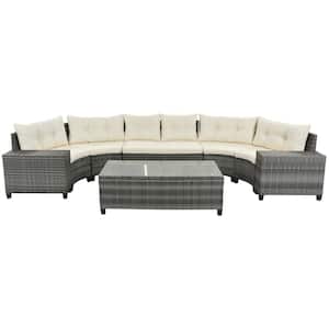 8-pieces Wicker Outdoor Sectional Set with Rectangular Coffee Table and Movable Beige Cushion for Garden, Backyard