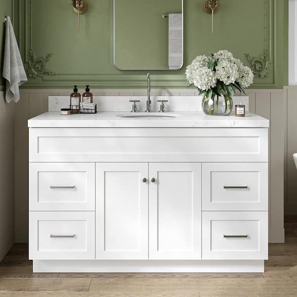 ARIEL Hamlet 54.25 in. W x 22 in. D x 36 in. H Single Sink Freestanding Bath Vanity in White with Carrara White Quartz Top