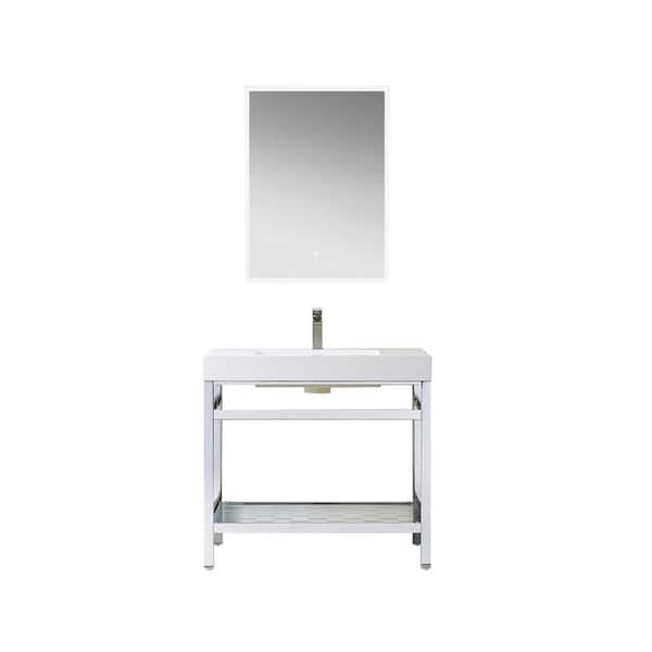 ROSWELL Ablitas 36 in. W x 20 in. D x 34 in. H Single Sink Bath Vanity in Chrome with White Composite Stone Top and Mirror
