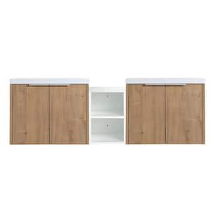 18 in. W x 60 in. D x 19 in. H 2 Sink Wall Mounted Bath Vanity in Oak with White Resin Top and 1-Storage Shelves