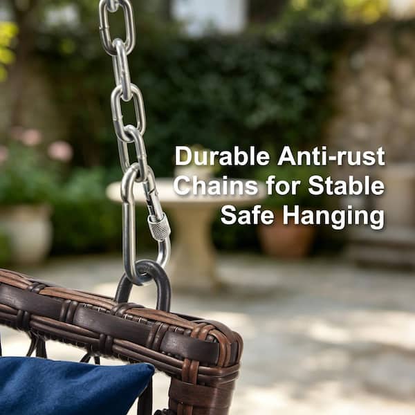 3-Person Brown Wicker Porch Swing with Blue Cushions