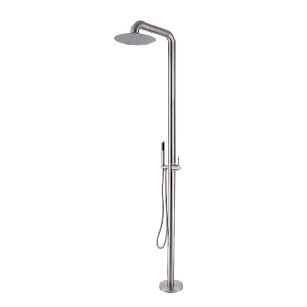 Tomfaucet Outdoor Exposed Single-Handle Freestanding Tub Faucet with Rainfall Shower Head in Brushed Nickel