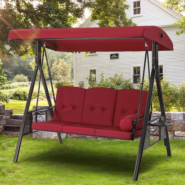 3-Seat Black Metal Outdoor Patio Swing Chair with Adjustable Canopy and Red Cushion