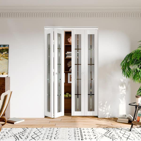 48 in. x 80 in. 10 Lite Decorative Frosted Glass Solid Core White PVC Covering MDF Bi-fold Doors with Full Accessories