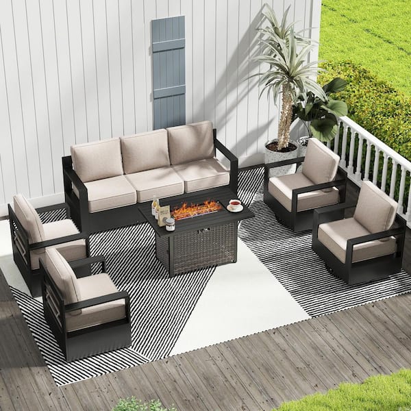 6-Piece Fire Pit Patio Set Wicker Outdoor Patio Conversation Set with Swivel Rocking Chairs and Beige Cushions
