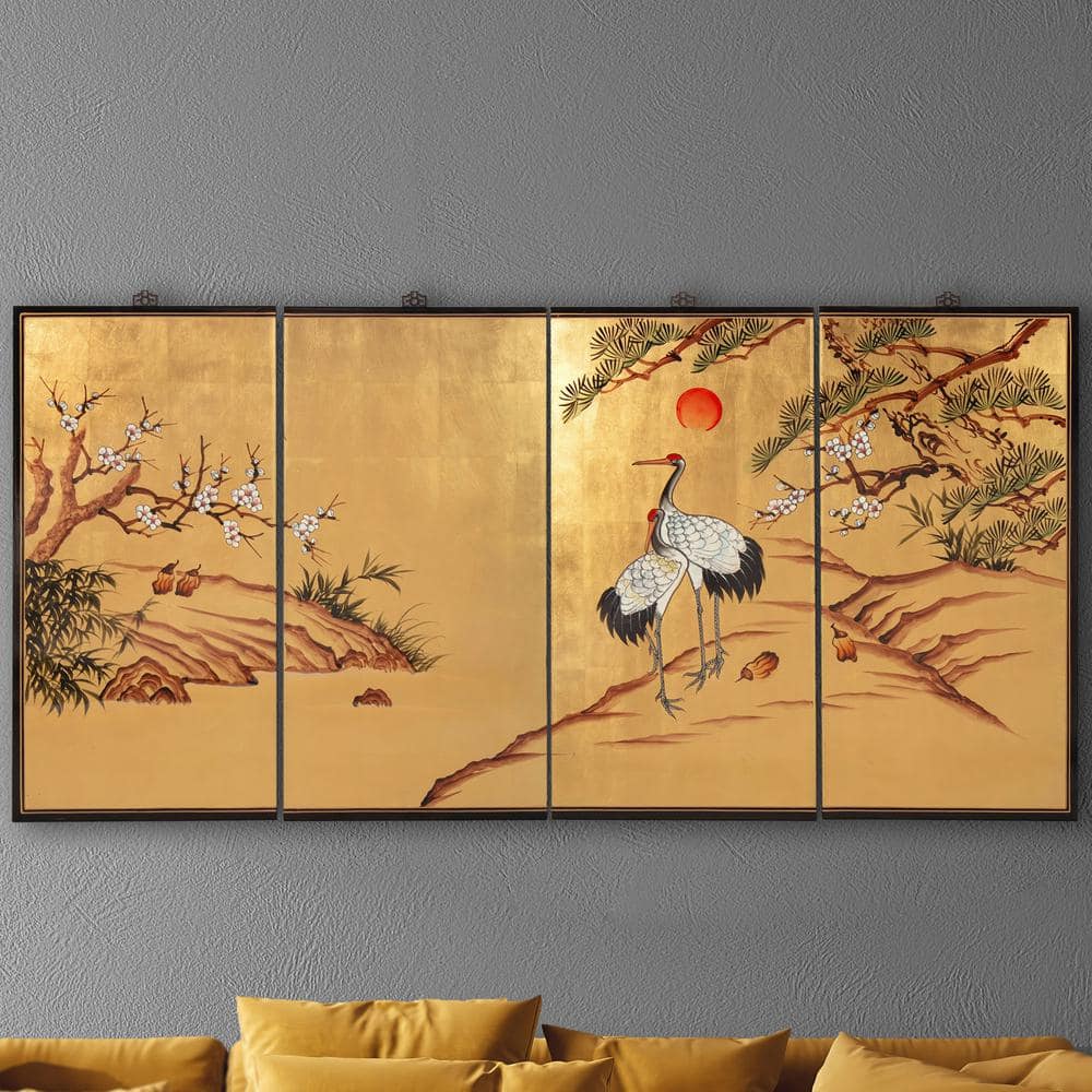 72" Gold Leaf Cranes Acrylic Wall Art Set