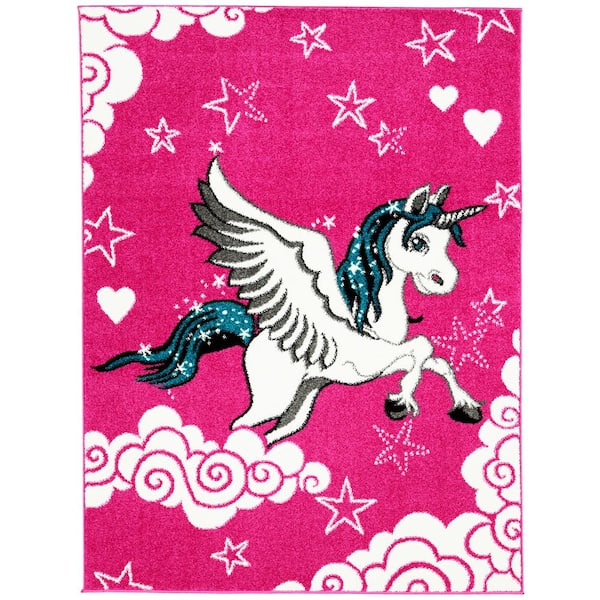 KC CUBS Multi-Color Kids Children and Teen Bedroom and Playroom Kids Children Pink Unicorn 4 ft. x 5 ft. Area Rug