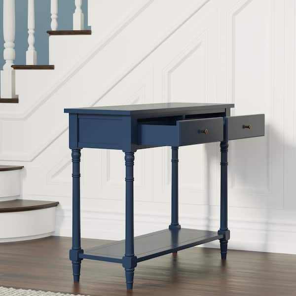 URTR Retro 35.43 in. Blue Rectangle Wood Console Table, 2-tier Sofa Side Table with Drawers Shelves for Entryway, Living Room