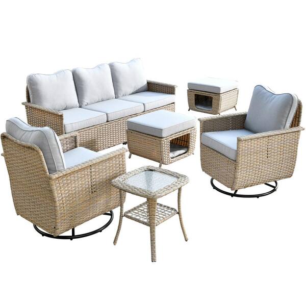 HOOOWOOO Sierra Beige 5-Piece Wicker Outdoor Patio Conversation Sofa Seating Set with Pet House/Bed and Light Green Cushions