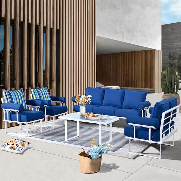HOOOWOOO Teton Grand White 5-Piece Aluminum Outdoor Patio Conversation Set with Navy Blue Cushions