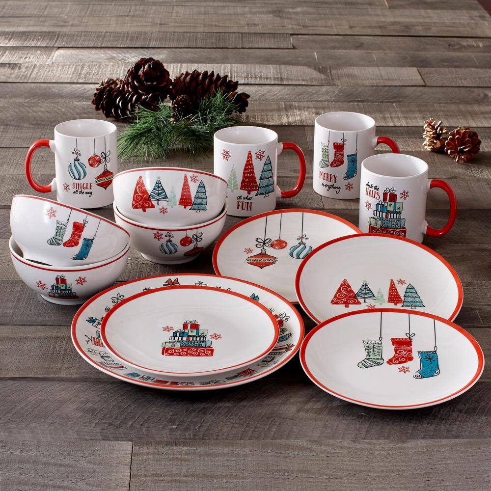 Festive Holiday Porcelain Dinnerware Set for 4 with Red Trim