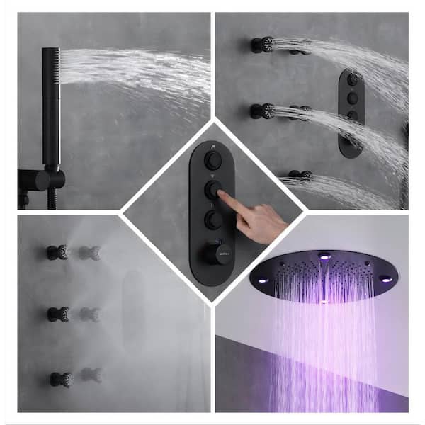 Luxury 5-Spray Thermostatic Shower Head 16 in. Round Ceiling Fixed and Handheld Shower Head and 6-Jet in Matte Black