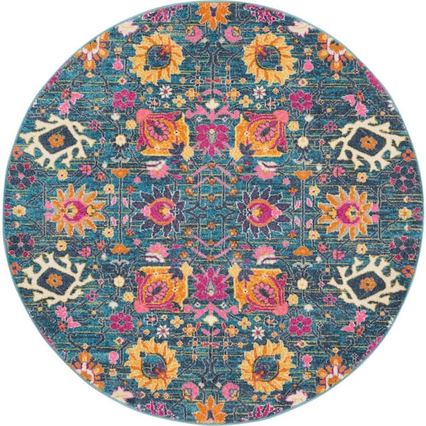 Nourison Passion Denim 4 ft. x 4 ft. Floral Transitional Round Rug